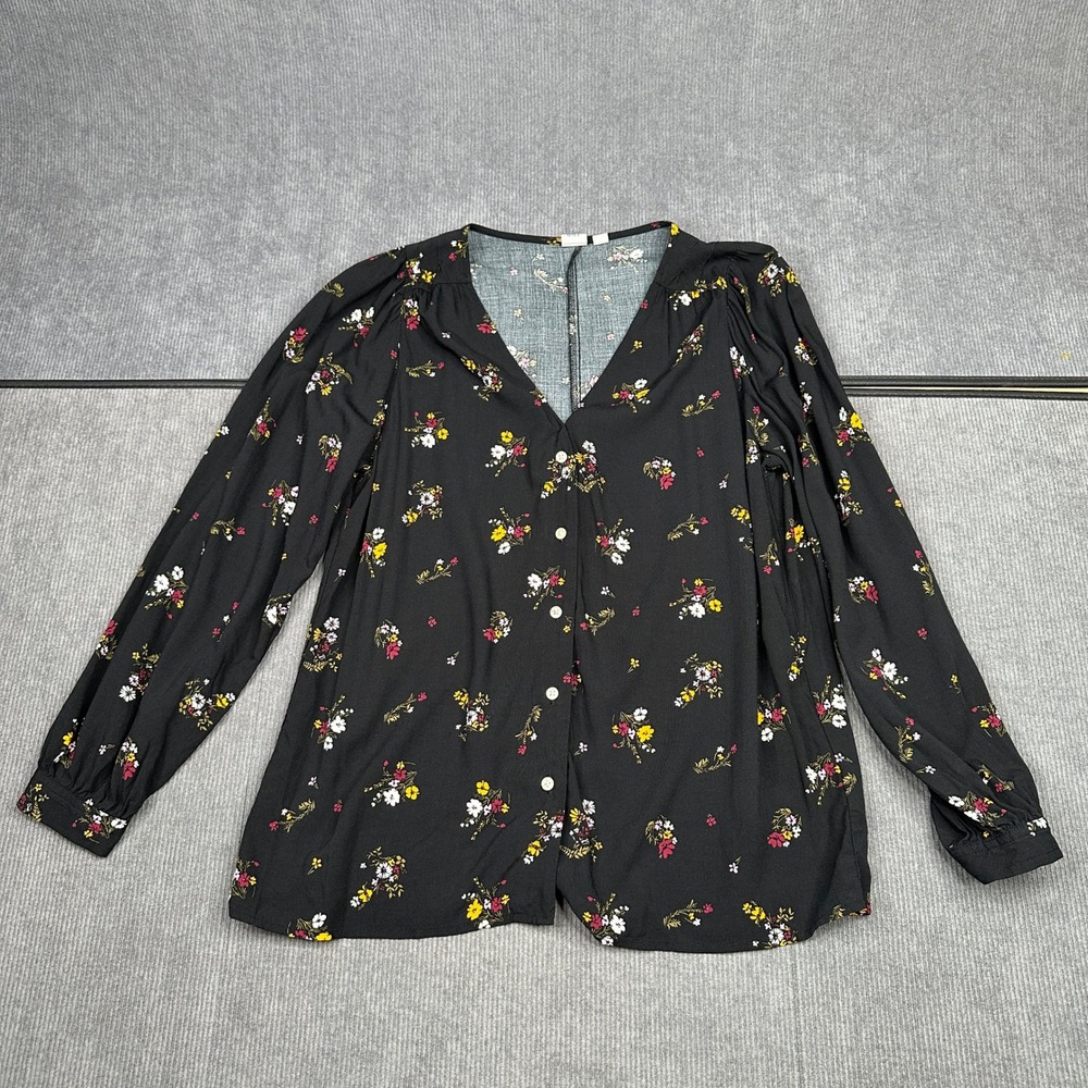 Gap Small Black Floral Button Down V-Neck Long Sleeve Blouse Top Y2k